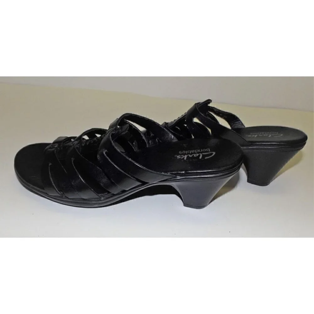 Clarks Bendables 6m black leather strappy slip-on sandals medium heel